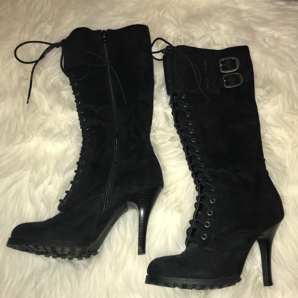 SOLD Black faux suede lace-up boots